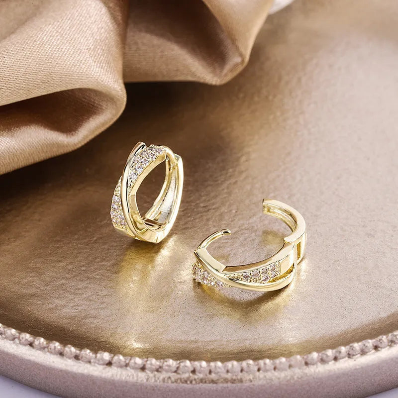 Geometric copper drop earrings with zircon accents and 14K yellow finish