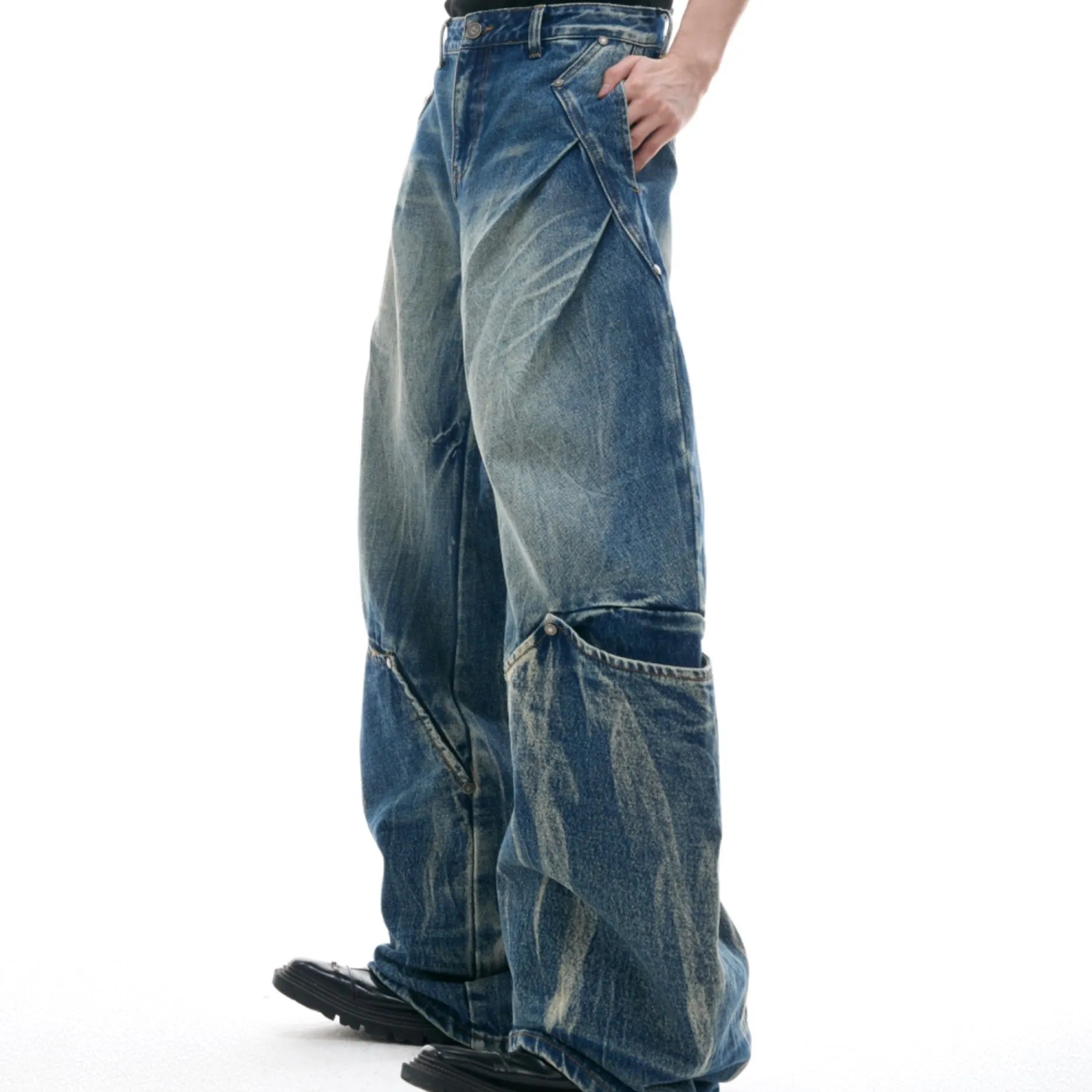 Men's verdant blue retro washed burst pattern curved knife jeans with loose fit