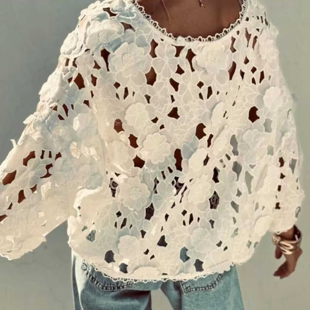 Women's loose fit V-neck cardigan with three-dimensional lace floral decoration in white colour