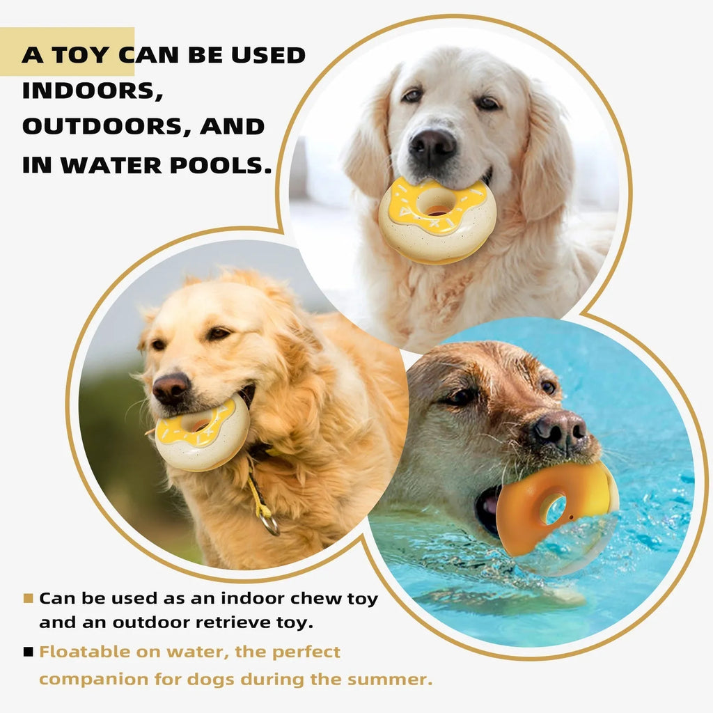 TPR molar teeth cleaning donut dog toy with squeaker in pink, chocolate, and yellow colour options
