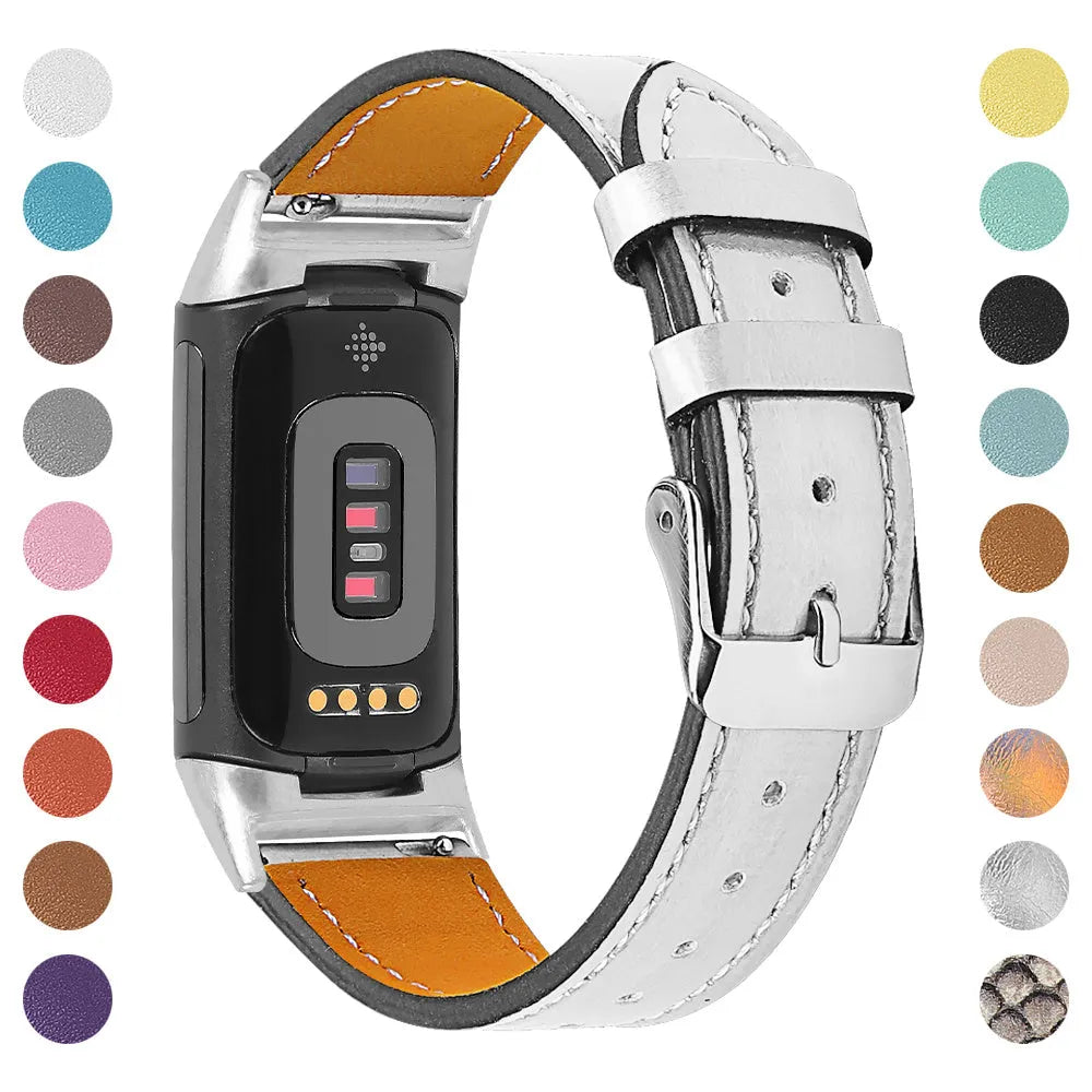 Genuine leather strap for Fitbit Charge 5 and Charge 6 smartwatches in multiple colour options.