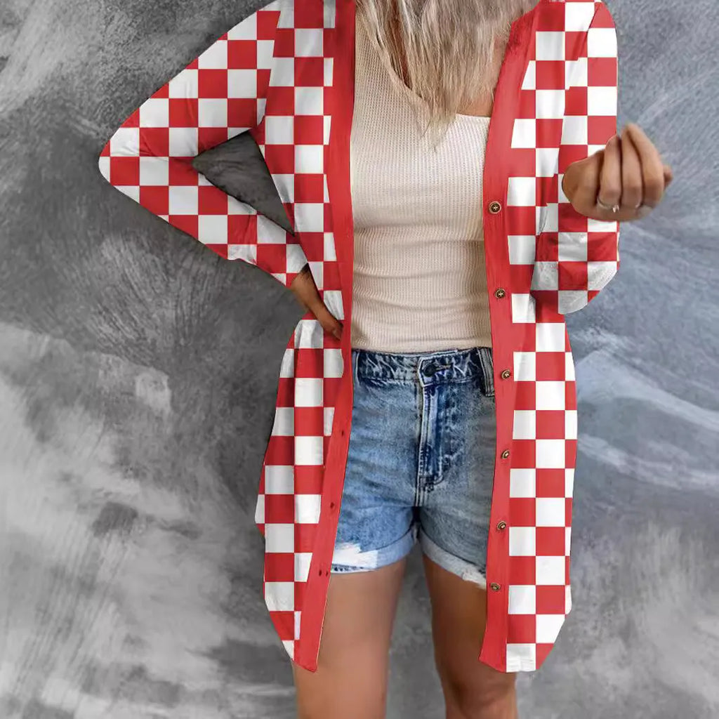 Women's long grey plaid knitted cardigan coat with regular sleeves on a hanger