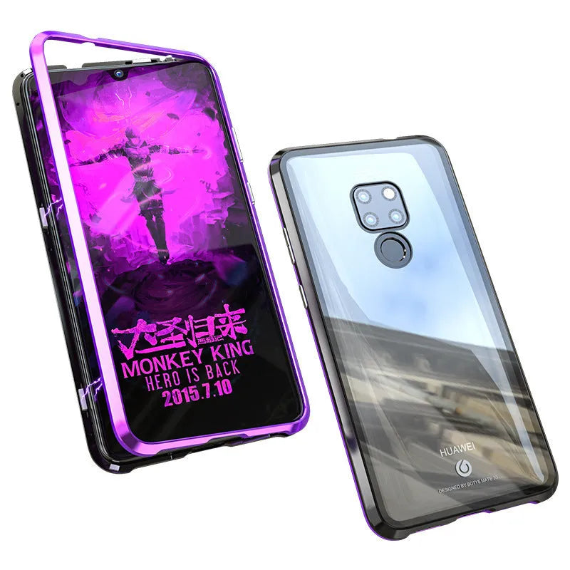 Metal magnetic phone case with tempered glass back showing phone design, available in black, blue, red, white