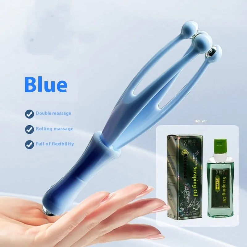 Blue and white finger massager with steel ball rollers for hand and joint tension relief