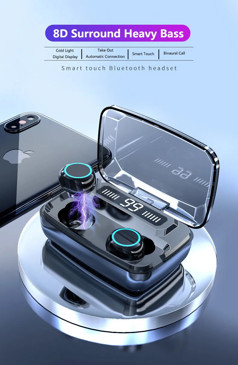 Black M11 style Bluetooth wireless headset with charging case featuring an integrated mobile phone holder.