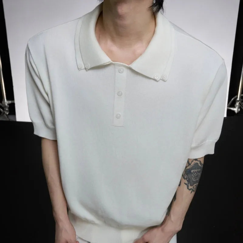Men's slim fit short sleeve knitted shirt with double collar design in black, grey or white