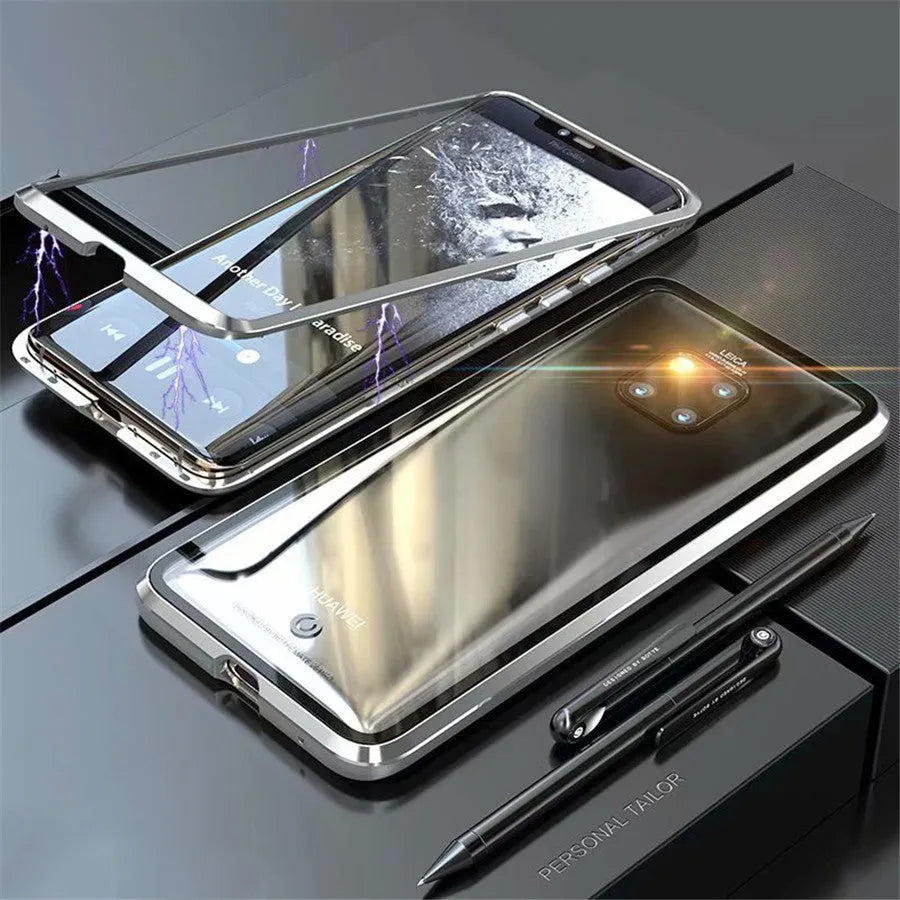 Metal magnetic phone case with tempered glass back showing phone design, available in black, blue, red, white
