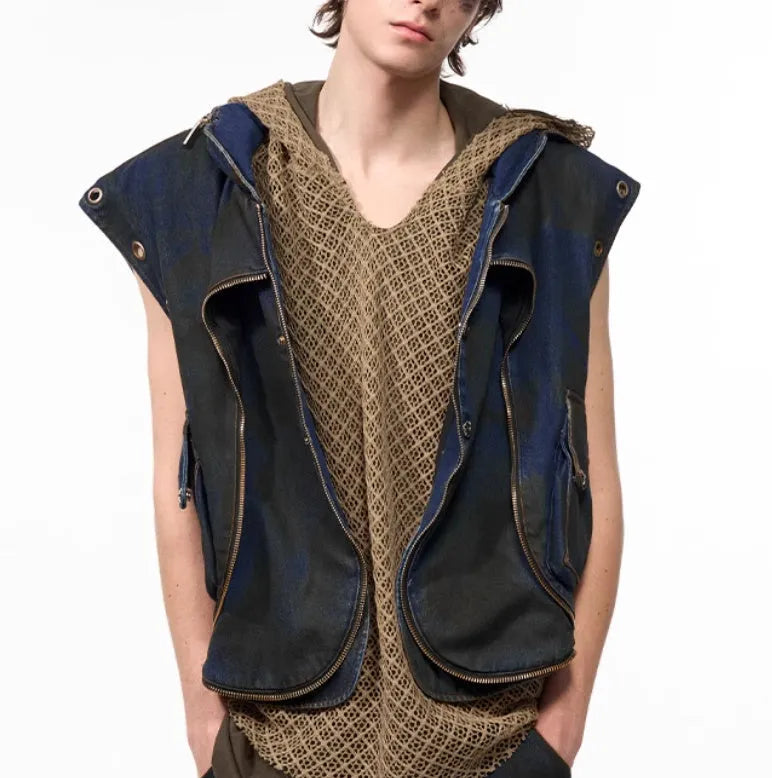Blue hooded denim vest coat and matching trousers set with front zip closure