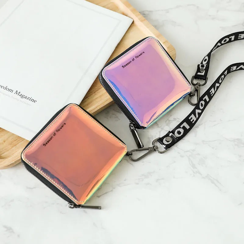 Compact women's Korean-style folding wallet in PU leather measuring 11cm x 11cm
