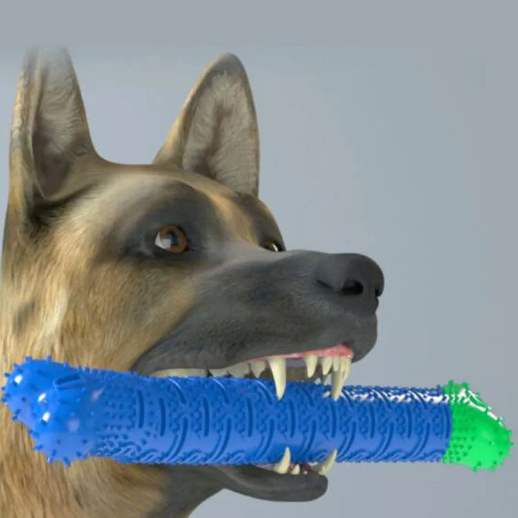 Blue green dog molar tooth cleaner with silicone brush head and massage nodules, 25cm long