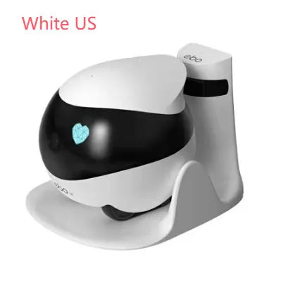 White mobile surveillance robot camera with automatic docking station on wooden floor