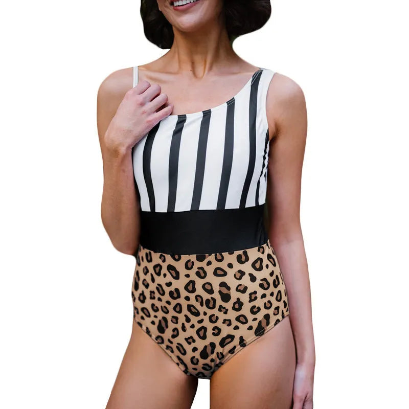 Women's leopard print one-piece swimsuit with an asymmetric collar and high-waist design.
