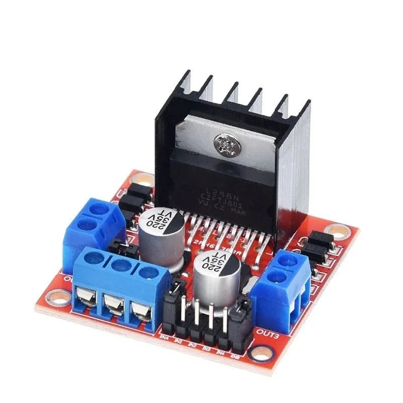 L298N dual H-bridge motor driver module board for DC and stepper motor control.