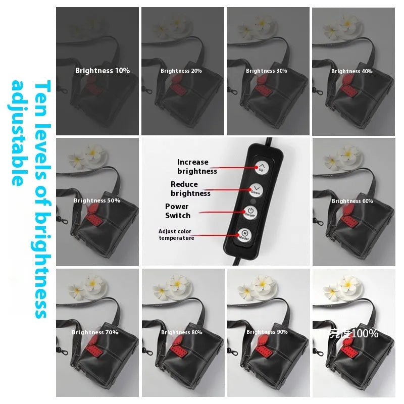 Foldable 50cm studio photo light box with integrated three-colour LED panel and reflective cloth interior.