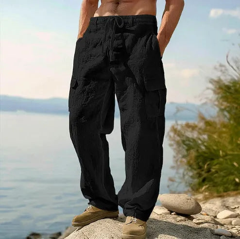 Men's loose fit cotton wide-leg casual trousers in light army green colour