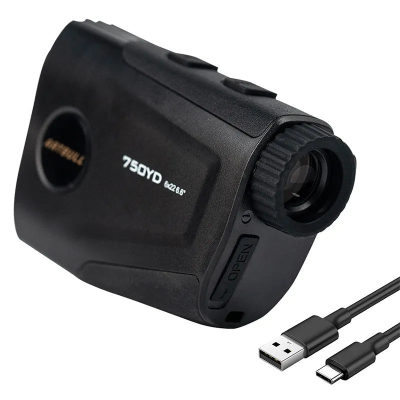 Golf laser rangefinder with LCD display showing distance measurement and flag lock indicator