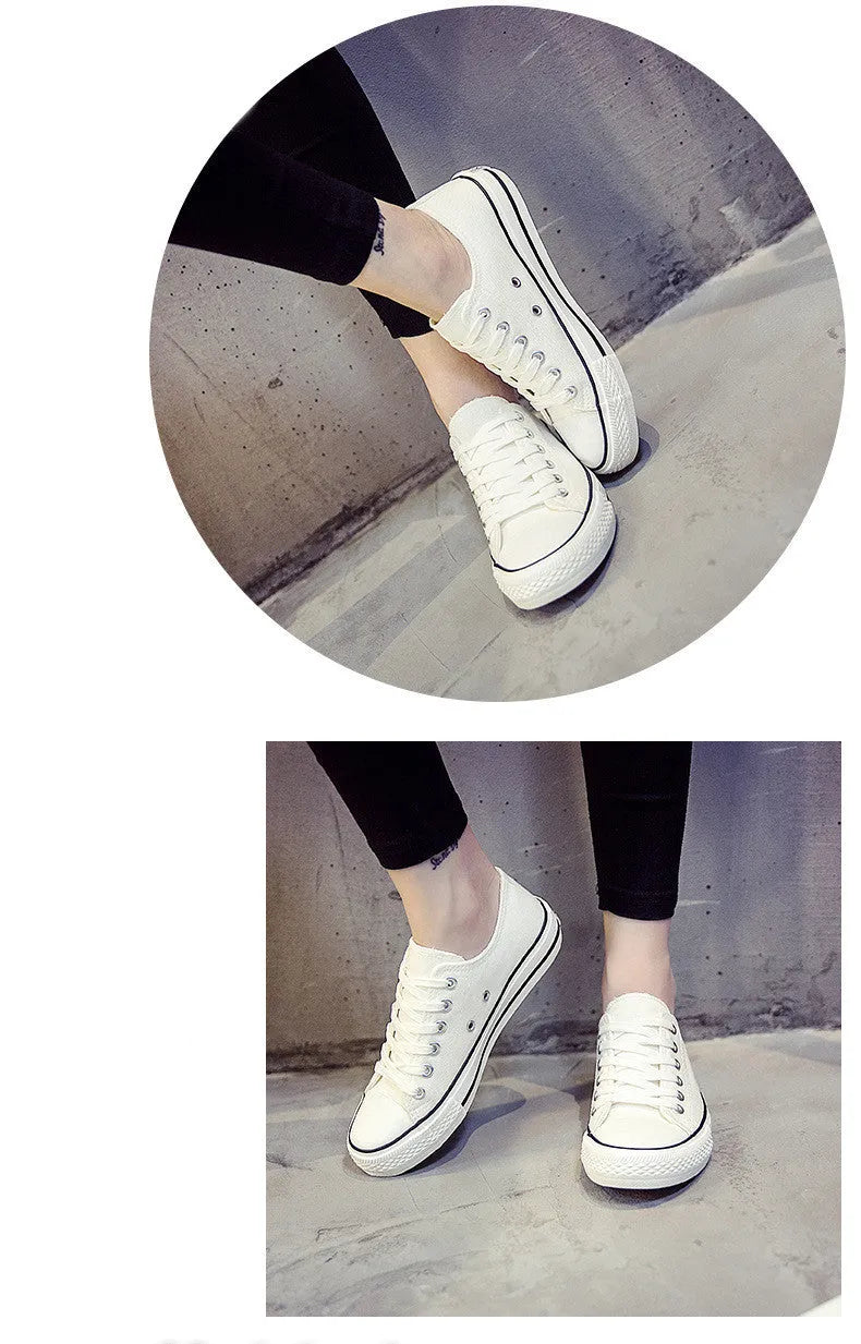 Women's solid colour canvas casual shoes for summer in black, white black, white red, and all black.