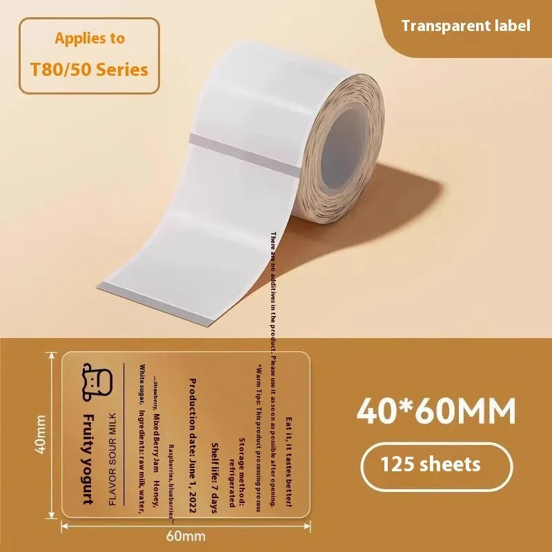 Transparent waterproof adhesive label stickers in multiple rectangular and circular sizes on thermal synthetic paper