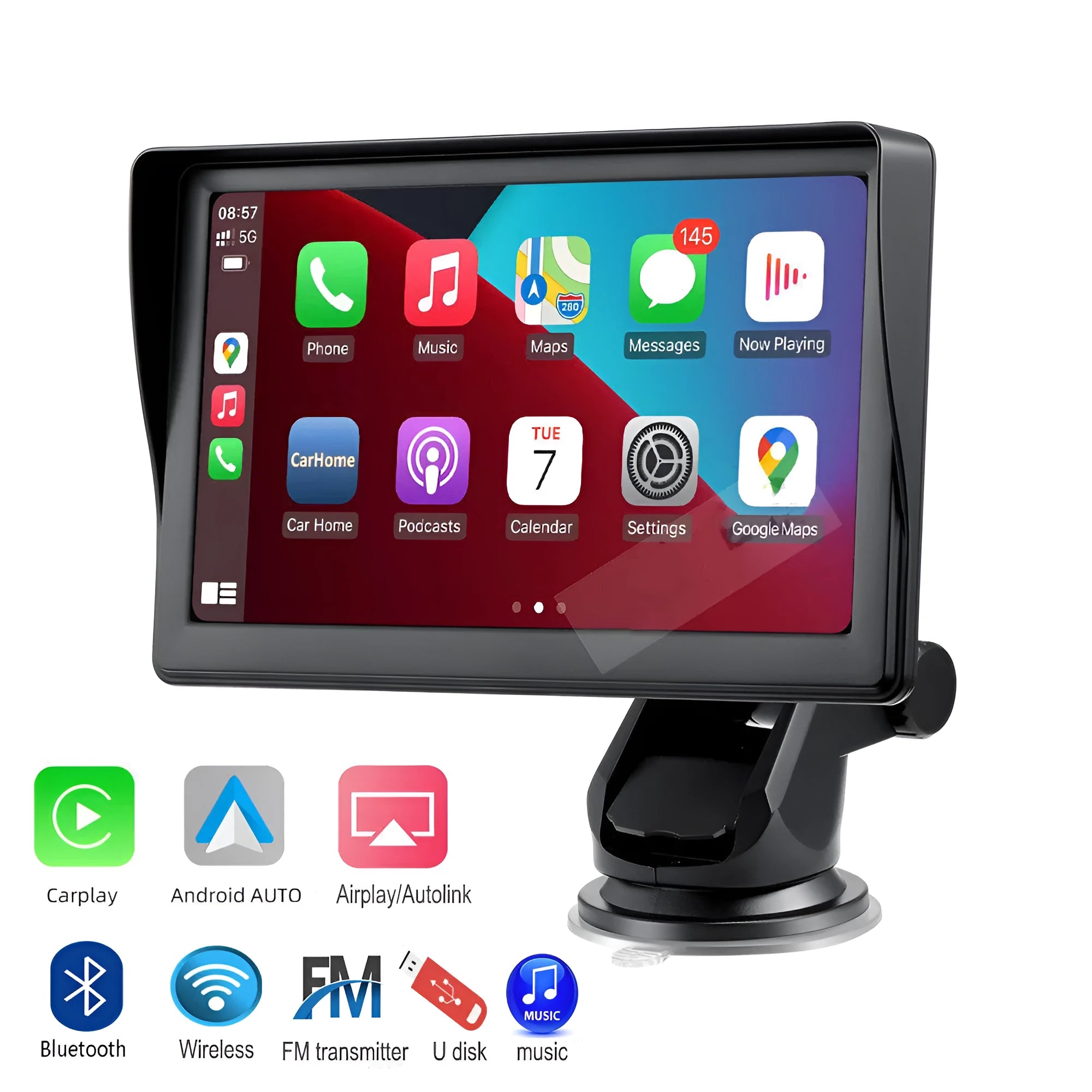 7-inch portable car smart display with rotating bracket showing navigation screen