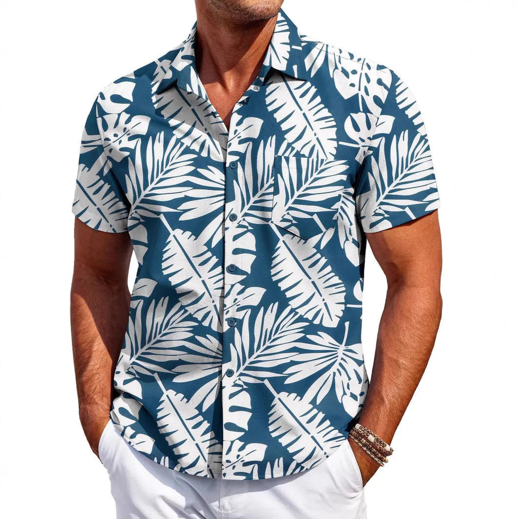 Men's slim fit short sleeve shirt cardigan in elastic polyester fabric on a hanger.