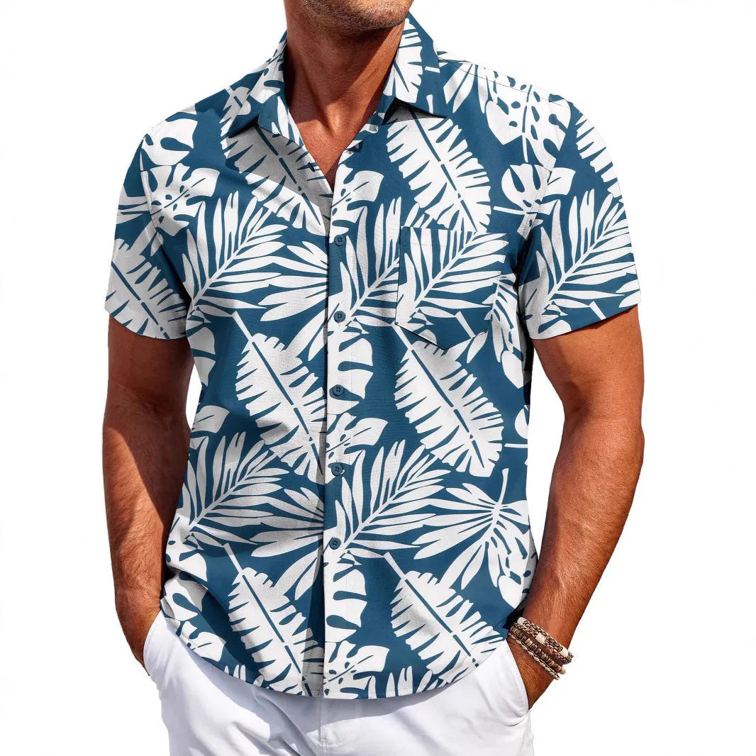 Men's slim fit short sleeve shirt cardigan in elastic polyester fabric on a hanger.