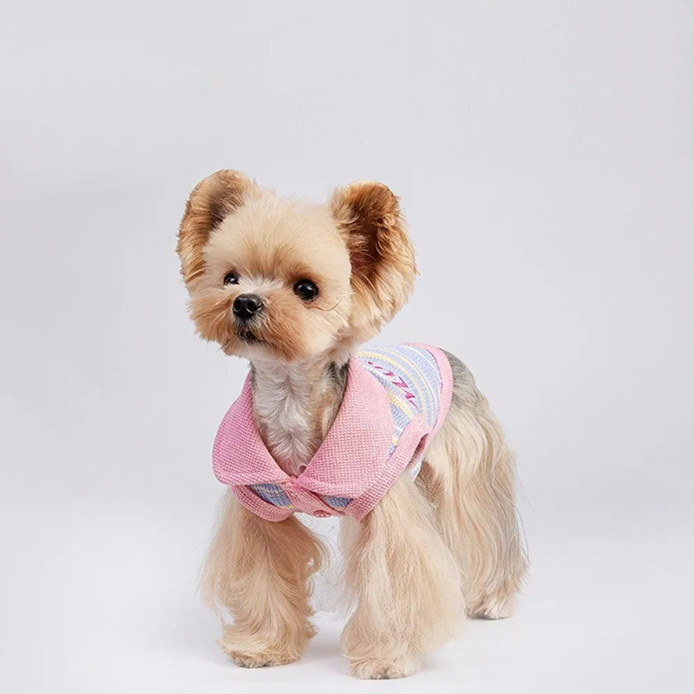 Pink purple vest for a small dog on a white background, showing the autumn clothing design.