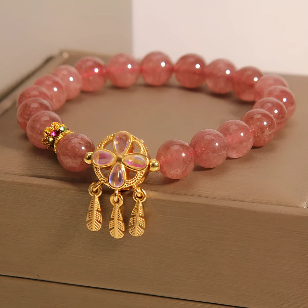 Strawberry quartz bracelet with four leaf clover dream catcher ball pendant crystal jewellery for women