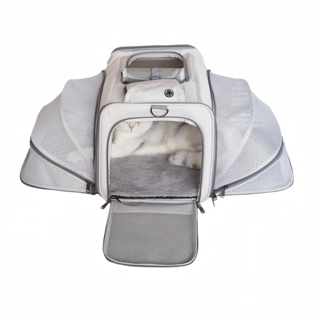 Oxford cloth portable pet bag in beige with extendable top and side mesh panels for breathability