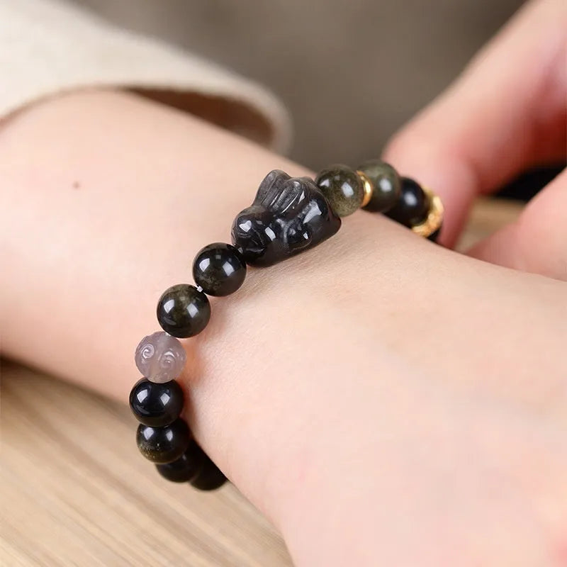 Handmade lying rabbit obsidian bracelet in national style with brass and gray agate