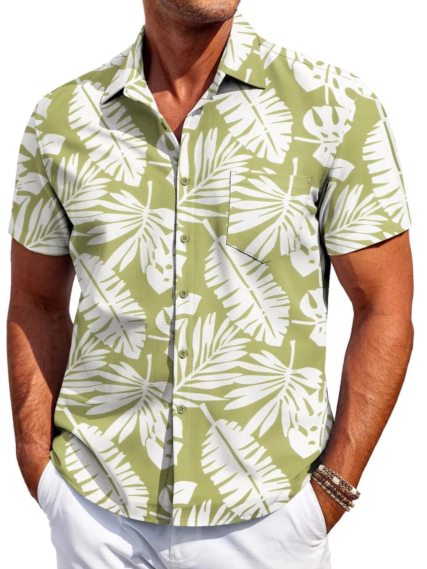 Men's slim fit short sleeve shirt cardigan in elastic polyester fabric on a hanger.