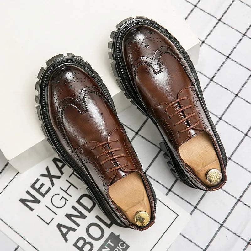 Men's black and brown artificial PU brogue shoes with round toe for business formal wear