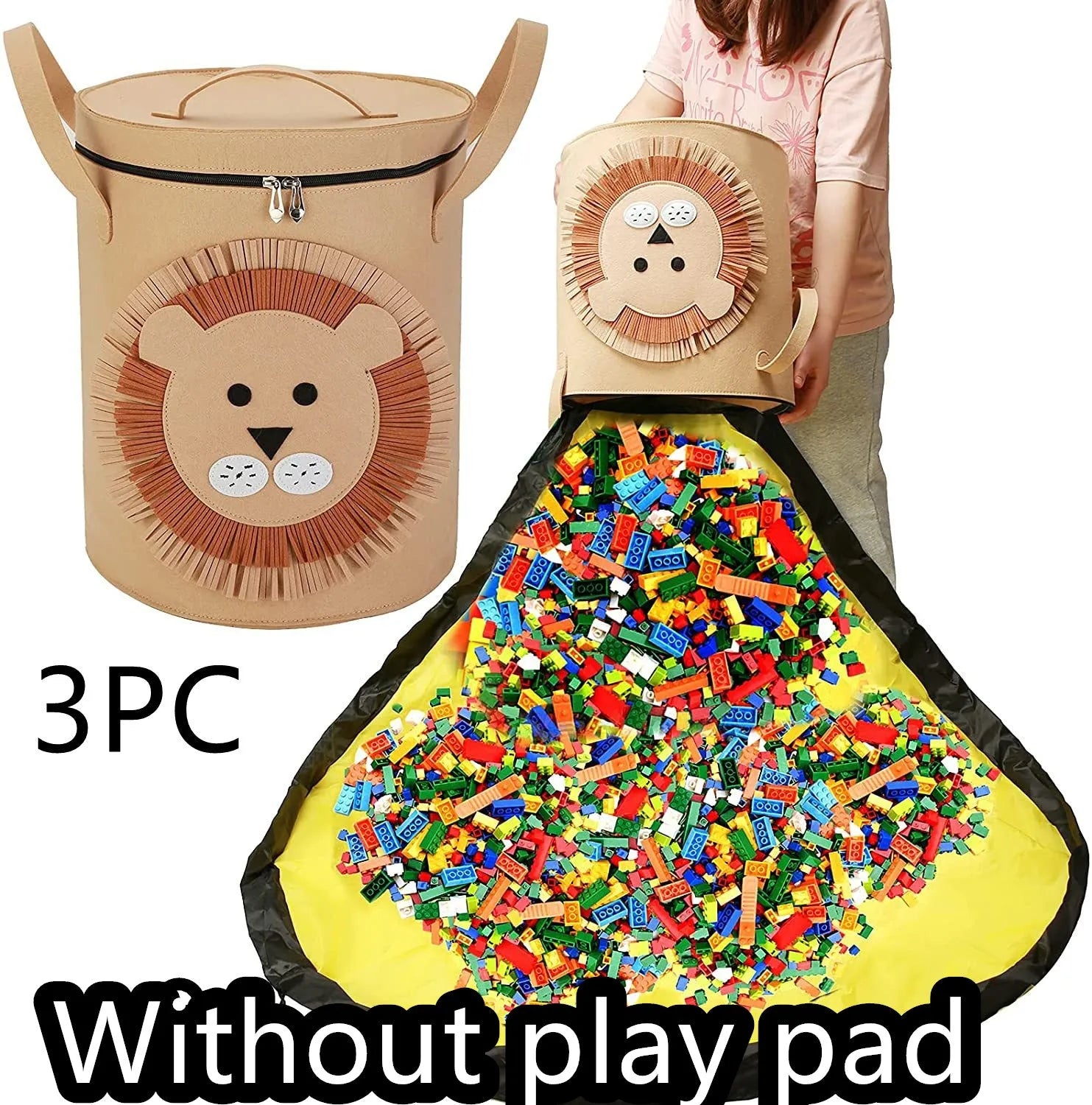 Green felt cube storage bag with pull rope serving as toy organiser and play mat