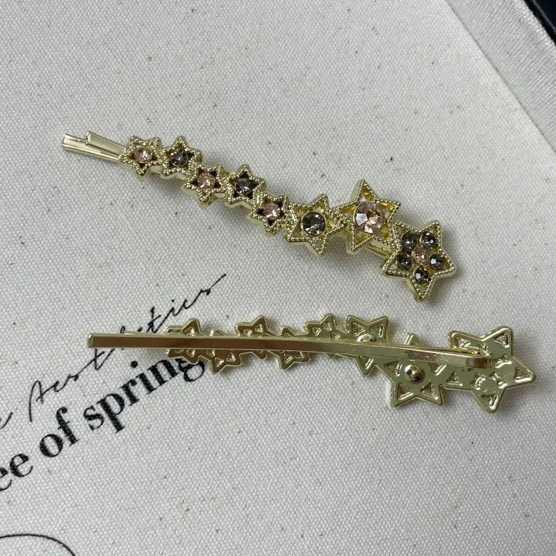 Gold rhinestone barrette with star charms for bangs and broken hairstyles