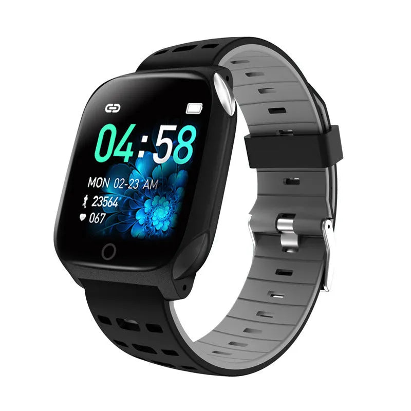 F16 Smart Watch with ECG monitor on wrist, showing black grey silicone strap and IPS screen displaying heart rate.