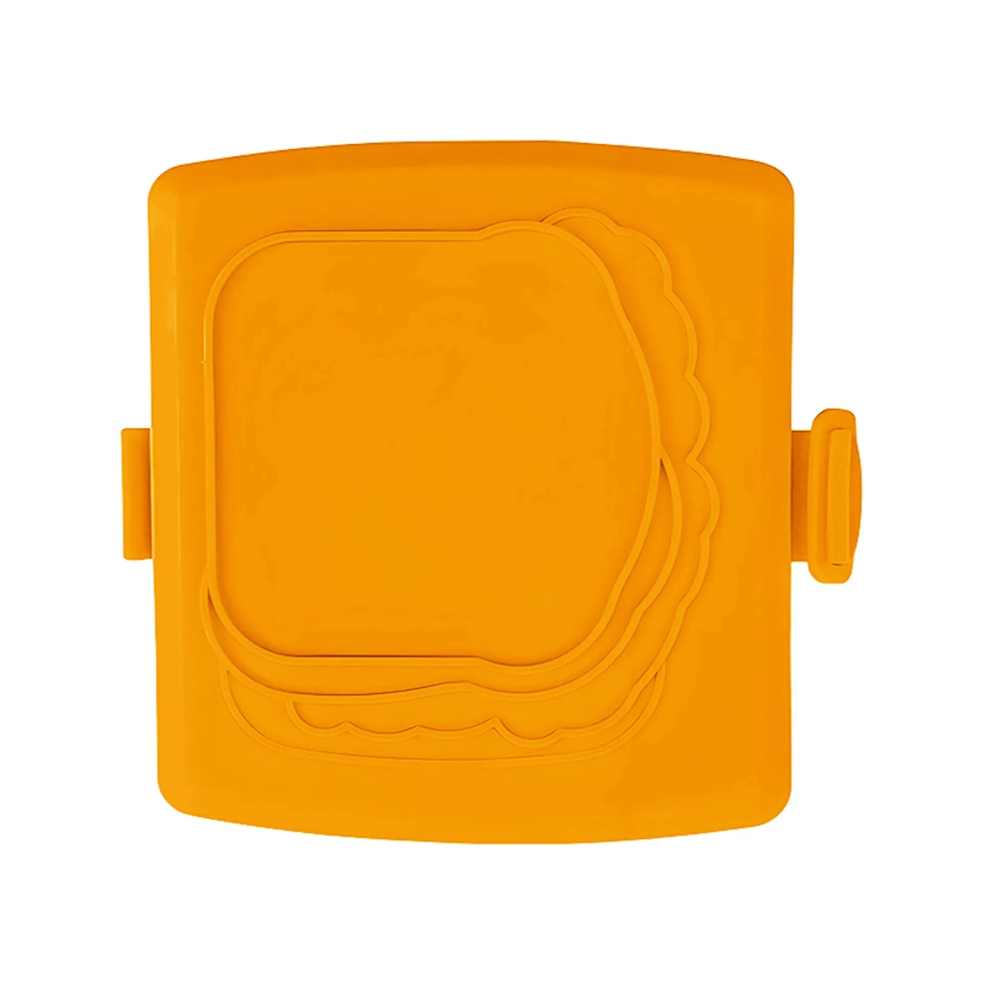 Red silicone baking tray with matching heat-resistant gloves on a kitchen counter.