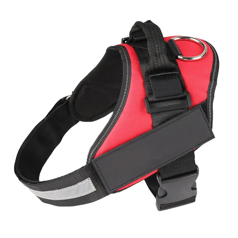 Adjustable reflective dog harness with handle and D-ring on blue background showing size chart