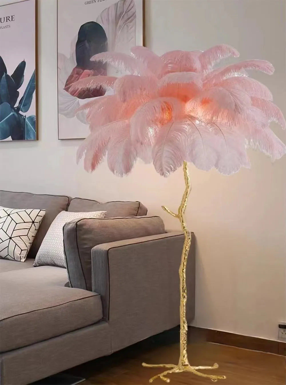 Tall decorative floor lamp with 32 resin feathers in living room setting