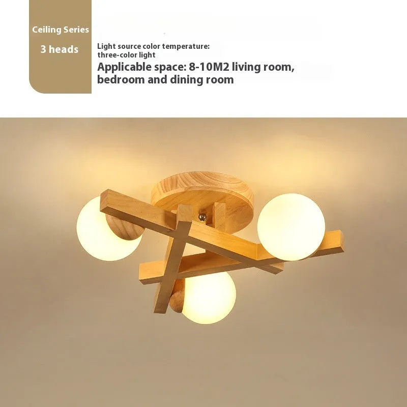 Wooden style ceiling light fixture with modern Nordic design and three light heads