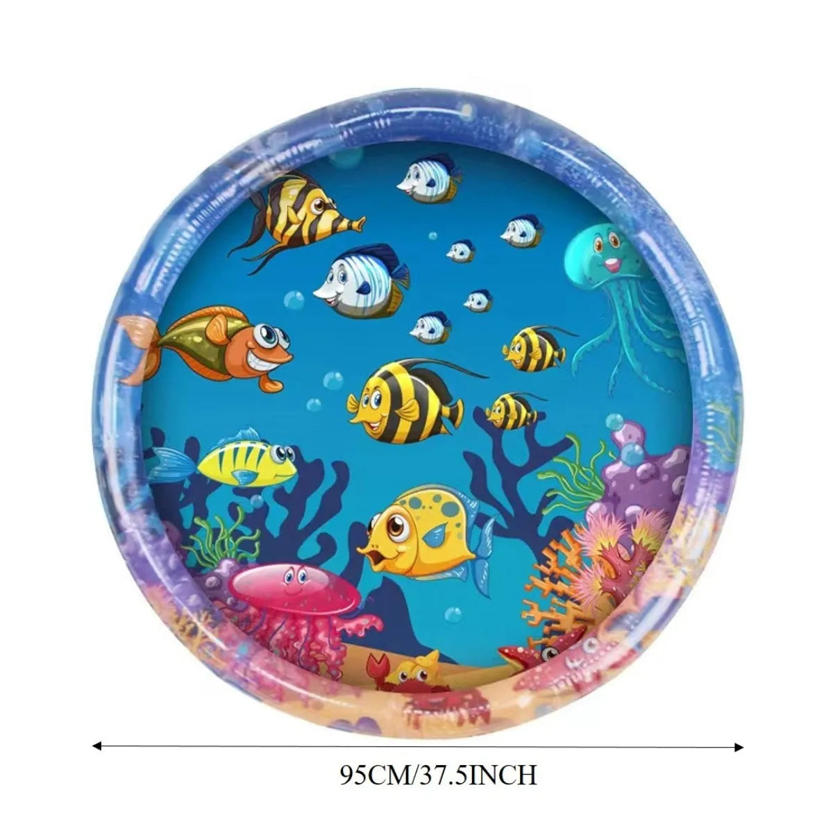 Square cat water playmat with ocean fish design and floating toys on blue PVC surface
