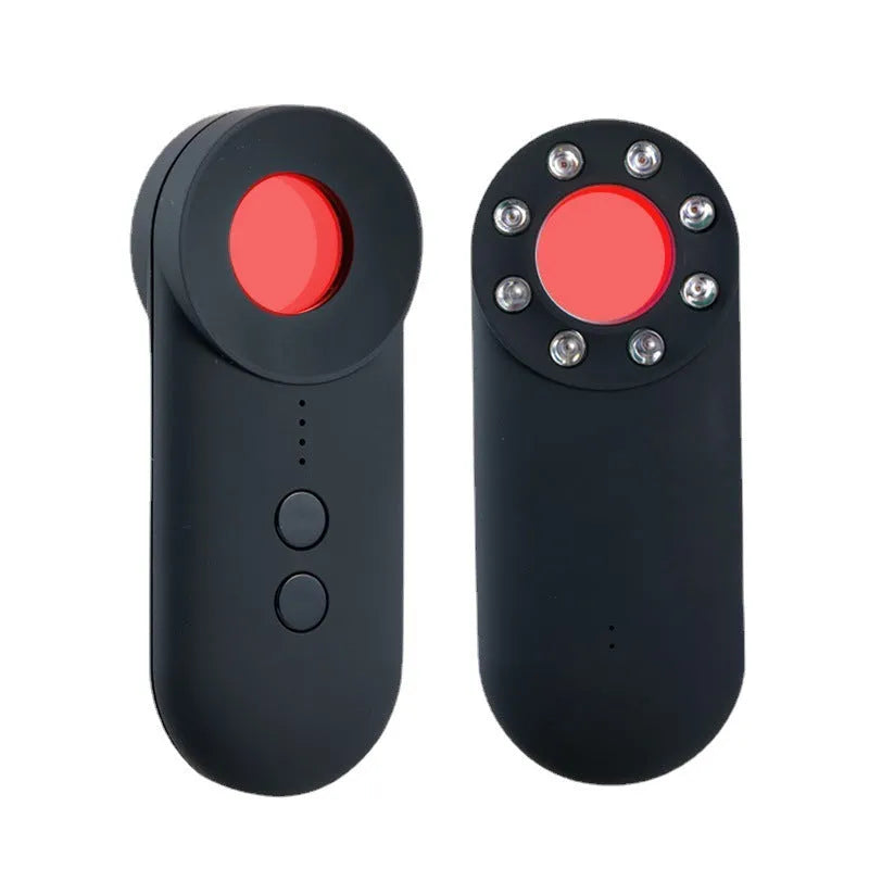 Black handheld GPS and camera detector with display, measuring 93.8mm long, shown with a USB charging cable.