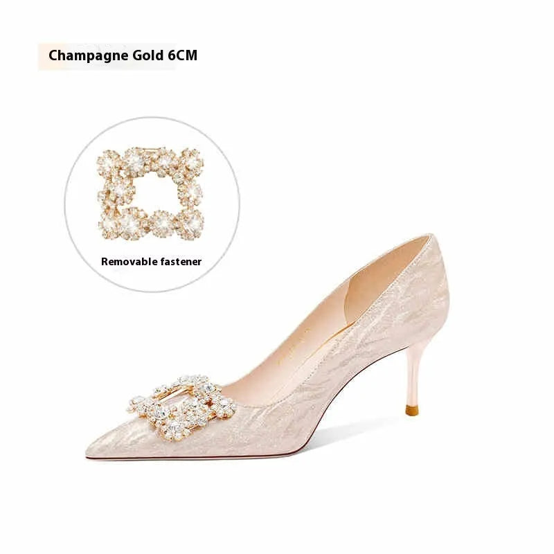 Champagne gold pointed toe stiletto high heels with rhinestone decoration