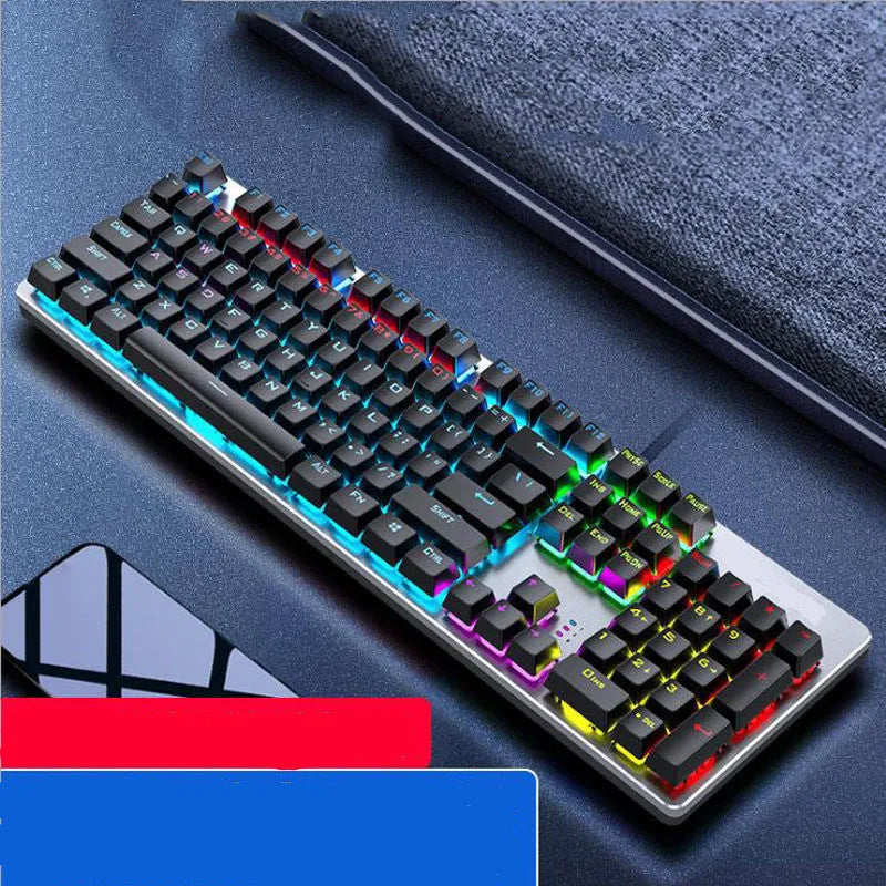 AOC GK410 mechanical keyboard with 104 keys, USB cable, and metal construction showing keyboard from top angle
