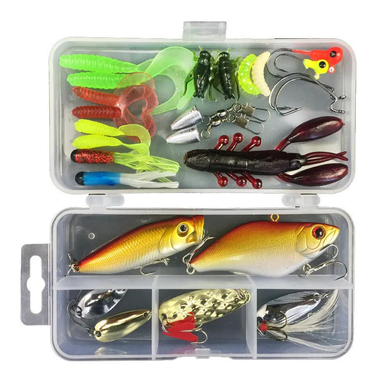 Fishing lure suit set showing soft plastic baits in frog patterns with colour thread inside PP storage box