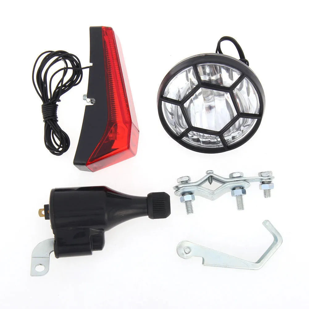 Silver bicycle dynamo generator light for front fork or rear frame mounting with friction drive mechanism