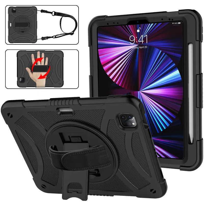 Rotating bracket strap silicone protective case for Apple iPad in multiple colour options.