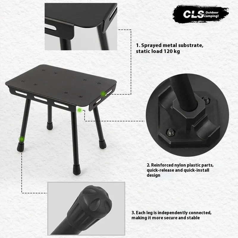 CLS Outdoor aluminium folding camping stool with PU cushion next to its bag that converts into a small table.