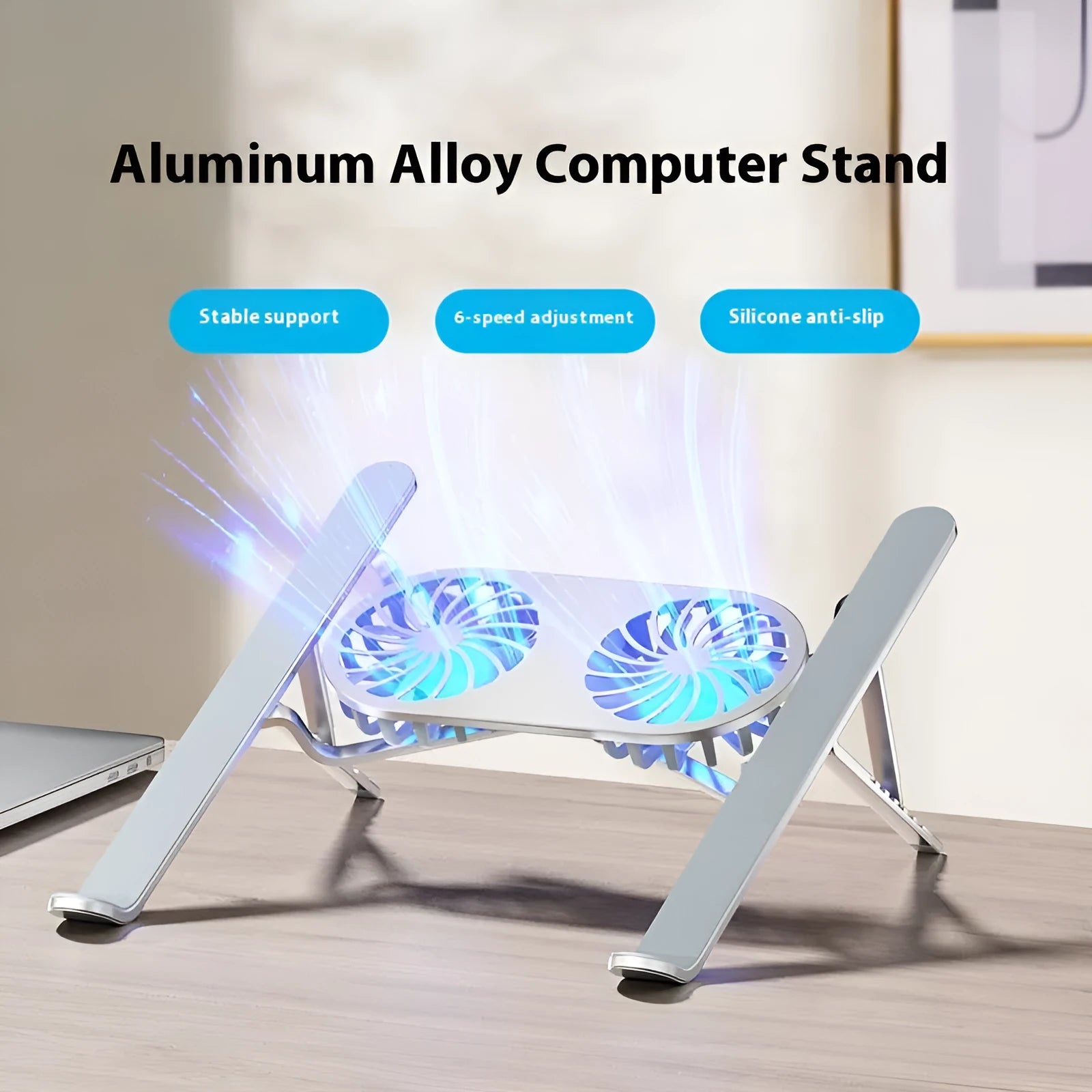 Aluminium alloy folding laptop cooling stand with twin fans and height adjustment mechanism