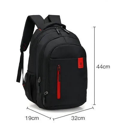 Teenage backpack in Oxford fabric showing side zipper pockets and breathable shoulder straps