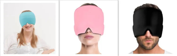 Black adjustable cold compress gel eye mask for headache relief on a plain background.