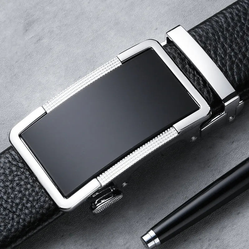 Men's leather automatic buckle belt in gun black, silver, or gold colour, showing the comfort click mechanism.